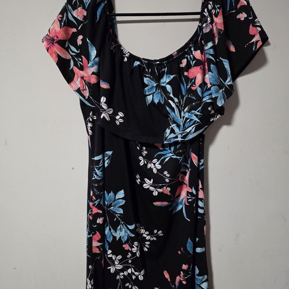 west loop Black Off-Shoulder Dress with Pink and Blue Floral Print